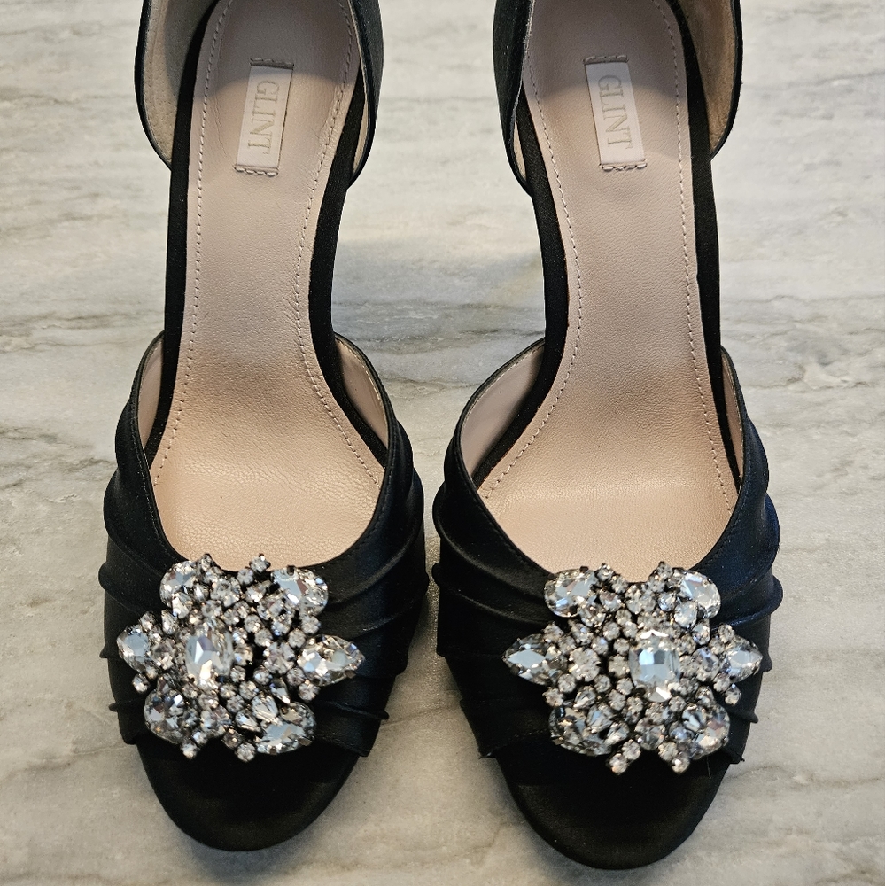 Size 8 Glint satin black peep toe heel